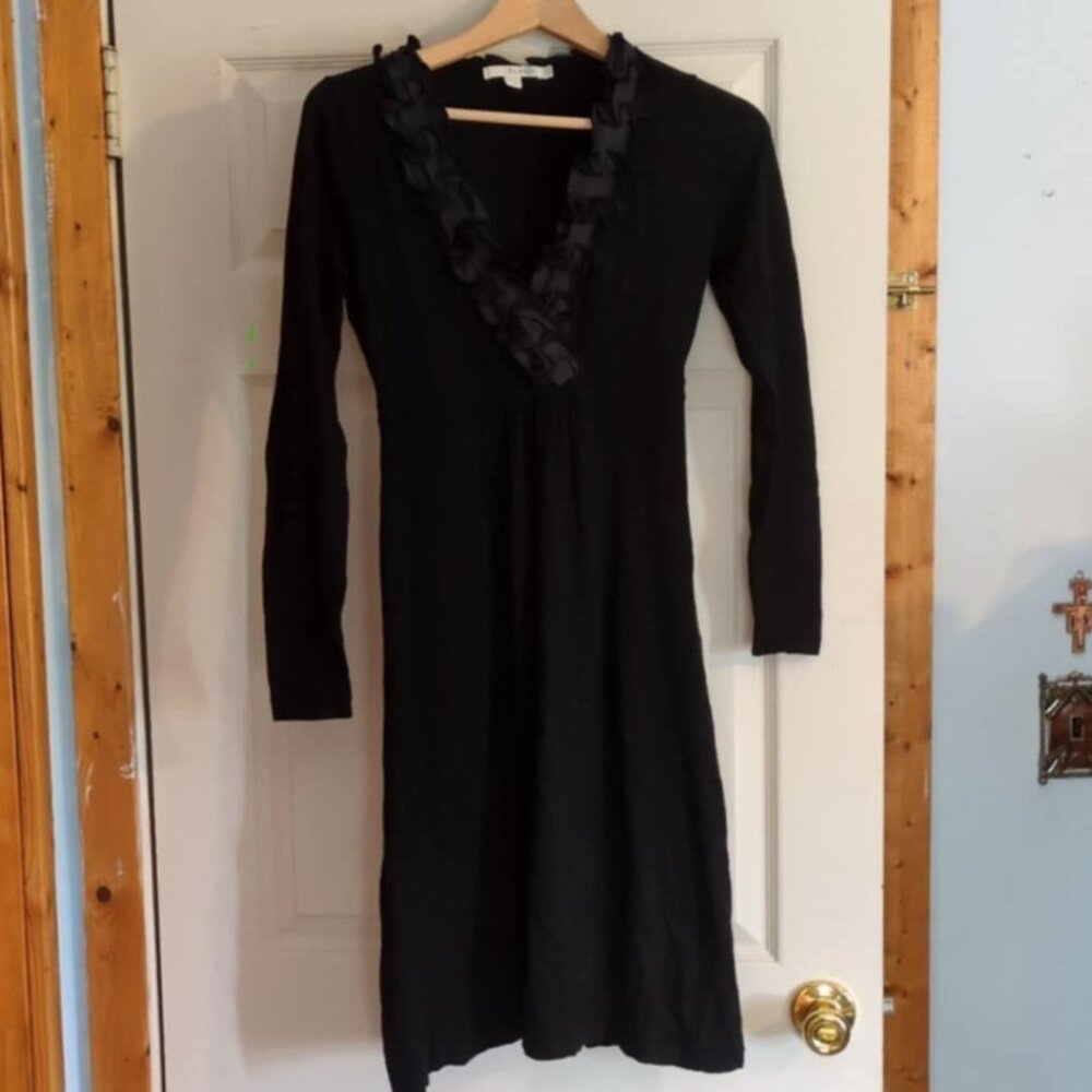 Boden Black Wool Dress Sz 4 V Neck Applique Trim Ruffle Sexy Goth Classic Chic